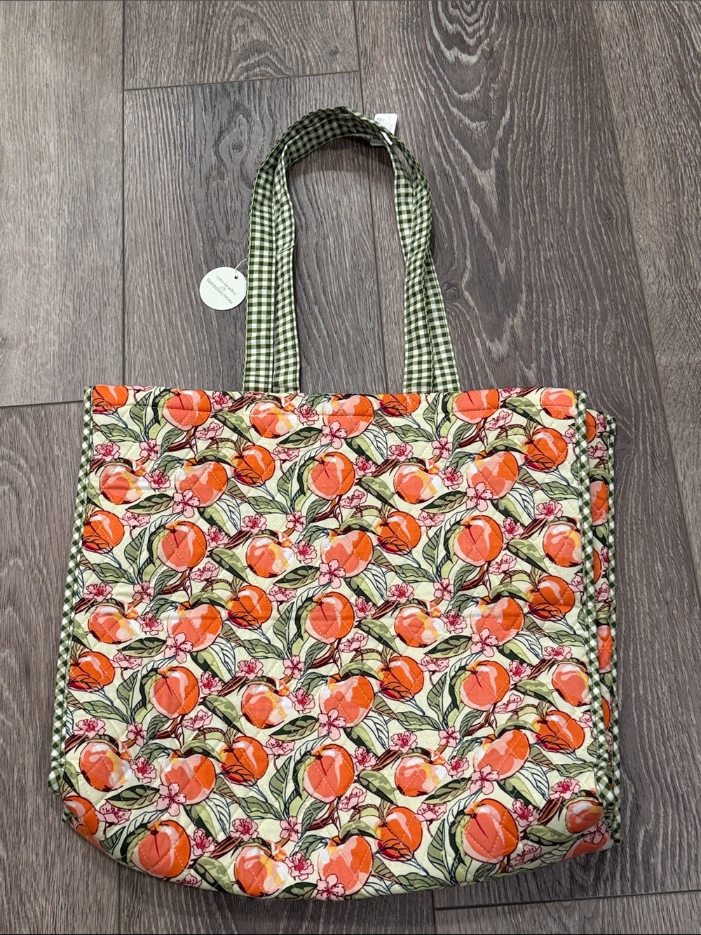 Vera Bradley Orange Peach Print Tote with Green Gingham Trim - Picture 4 of 5